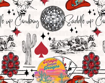 Cowboy Killer Seamless Pattern, Disco Ball, Ace Of Spades, Western Cards, Cowgirl Hat, Cactus, Sparkles, Red Squash Blossom, Cattle Scene