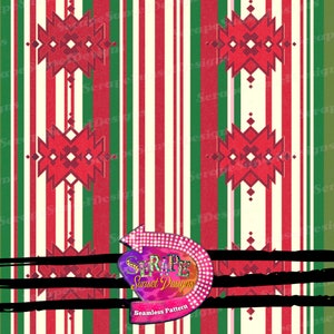 Op de afbeelding: Een naadloos patroon met rode, witte en groene verticale strepen met een rood en wit geometrisch ontwerp. Het patroon is gelabeld "Serape Sunset Designs Seamless Pattern".