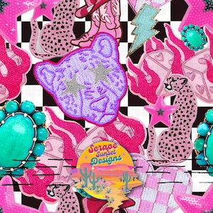 May include: A collection of colorful iron-on patches featuring a variety of designs, including a cheetah, a star, a lightning bolt, a heart, and a cactus. The patches are on a black and white checkered background. The text "Serape Sunset Designs" is visible in the center of the image.