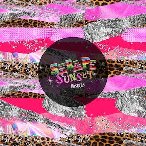 Puede incluir: Un diseño digital vibrante con una mezcla de texturas y patrones. Trazos de pincel rosa intenso, purpurina plateada y estampado de leopardo se superponen con un efecto holográfico. El diseño incluye el texto "SERAPE SUNSET Designs".