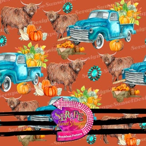 May include: A seamless pattern featuring a blue pickup truck filled with pumpkins, gourds, and fall foliage.  The truck is surrounded by brown Highland cattle, turquoise gemstones, and more pumpkins on a rust-colored background.  The pattern also includes the text "SERAPE Sunset Designs Seamless Pattern".
