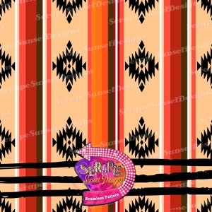 May include: A seamless pattern featuring a colorful striped background with a black and white geometric design. The pattern is repeated throughout the image. The text "SERAPE Sunset Designs" and "Seamless Pattern" is included in the image.