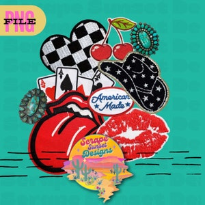 May include: A collection of colourful iron-on patches featuring a red heart with a chequered pattern, a red and green cherry, a black cowboy hat with white stars, a red tongue, three playing cards, a red lip, a turquoise stone, and a desert scene with the text "Serape Sunset Designs" and "American Made".
