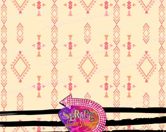 May include: A seamless pattern digital paper featuring a pink and orange geometric design with a pink and white arrow with rhinestones and the text "Seraph Sunset Designs Seamless Pattern".