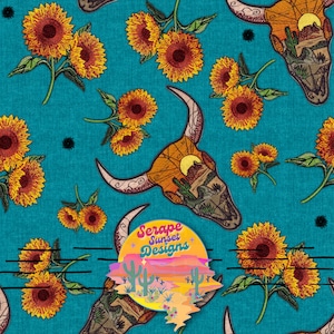 May include: A teal blue background with a repeating pattern of a bull skull with a desert landscape inside and sunflowers. The text "Serape Sunset Designs" is in a circle in the lower centre of the image.