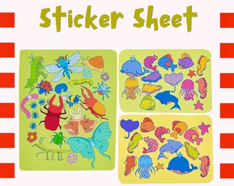 May include: A sticker sheet with a green background and colorful images of insects and sea creatures. The sheet is divided into two sections, one with insects and the other with sea creatures. The insects include a grasshopper, a ladybug, a caterpillar, a beetle, a dragonfly, a moth, and a butterfly. The sea creatures include a whale, a jellyfish, a starfish, a seahorse, a crab, a fish, and a stingray. The sheet is titled "Sticker Sheet".