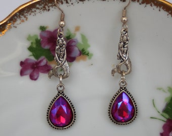 Mermaid Earrings with Magenta Teardrop