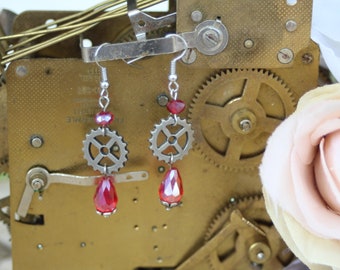 Steampunk Gear Red Teardrop Earrings