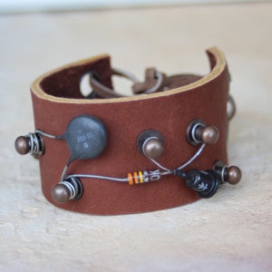 Steampunk Brown Leather Cuff Transitor Coil Cuff