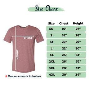 May include: Size chart for a t-shirt with measurements in inches for chest and height. Sizes range from XS to 4XL.  The chart shows the chest measurement in inches, ranging from 16 to 30 inches, and the height measurement in inches, ranging from 27 to 34 inches.