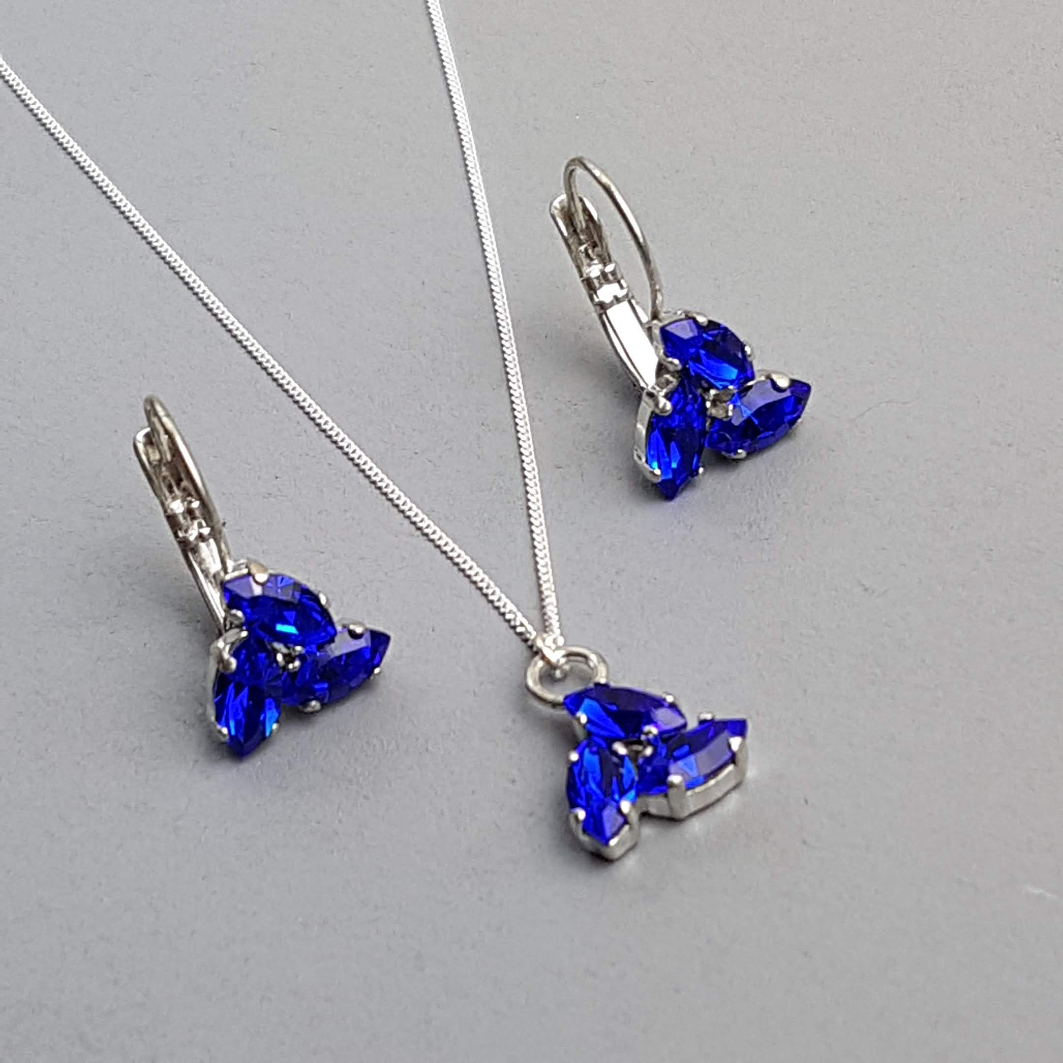 Blue Silver Crystal Flower Necklace Earrings Jewellery Set Stud Drop Ear Women 