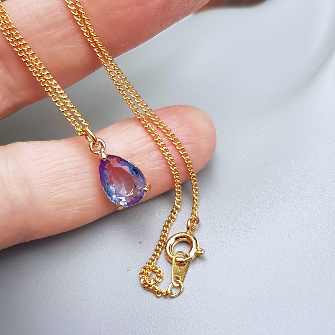 Blue Crystal Teardrop Necklace Gold Sapphire Cubic Zirconia Etsy