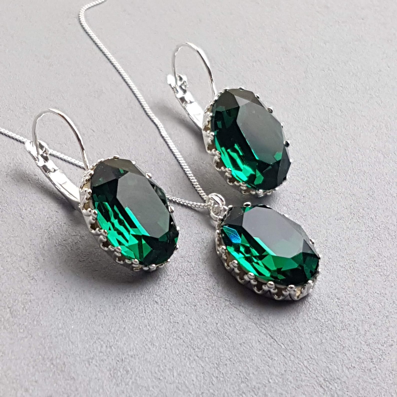 Emerald Green Jewelry Set Silver Bridesmaid Jewellery Oval Etsy
