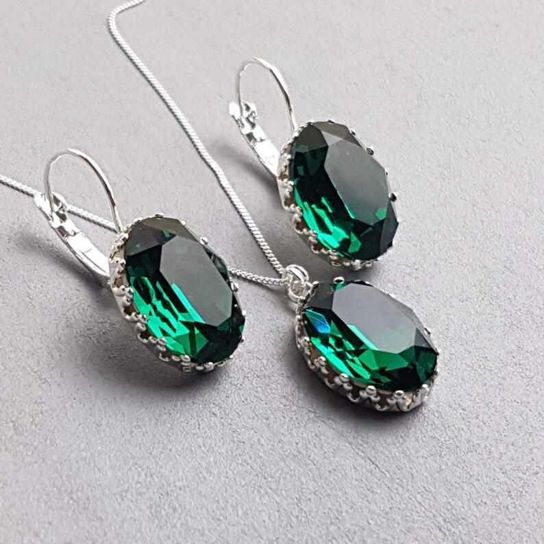 Emerald Green Jewelry Set Silver Bridesmaid Jewellery Oval Etsy UK
