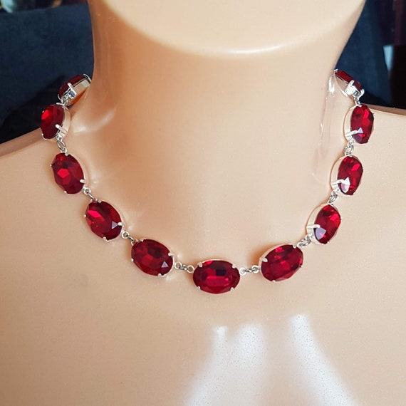 Ruby Red Crystal Necklace Collet Silver Wintour Necklace Oval