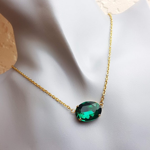 Emerald Green Crystal Necklace Oval Pendant Gold Plated Green - Etsy Canada