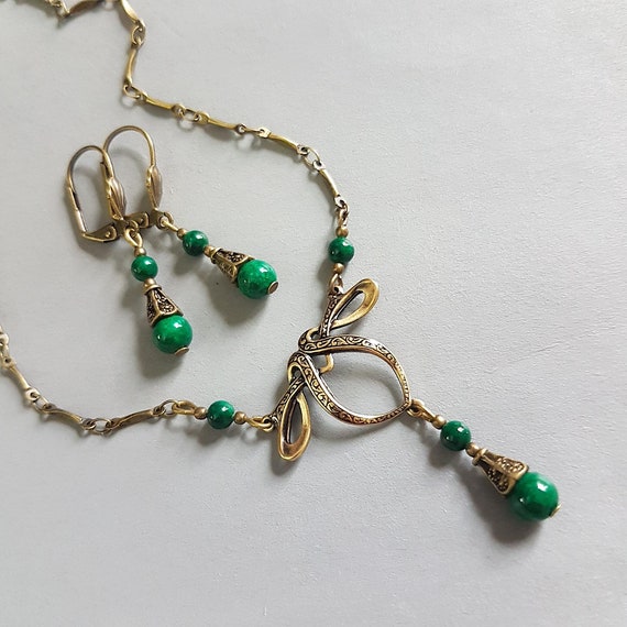 Art Nouveau Necklace Set Antiqued Brass Green Jasper Drop | Etsy UK
