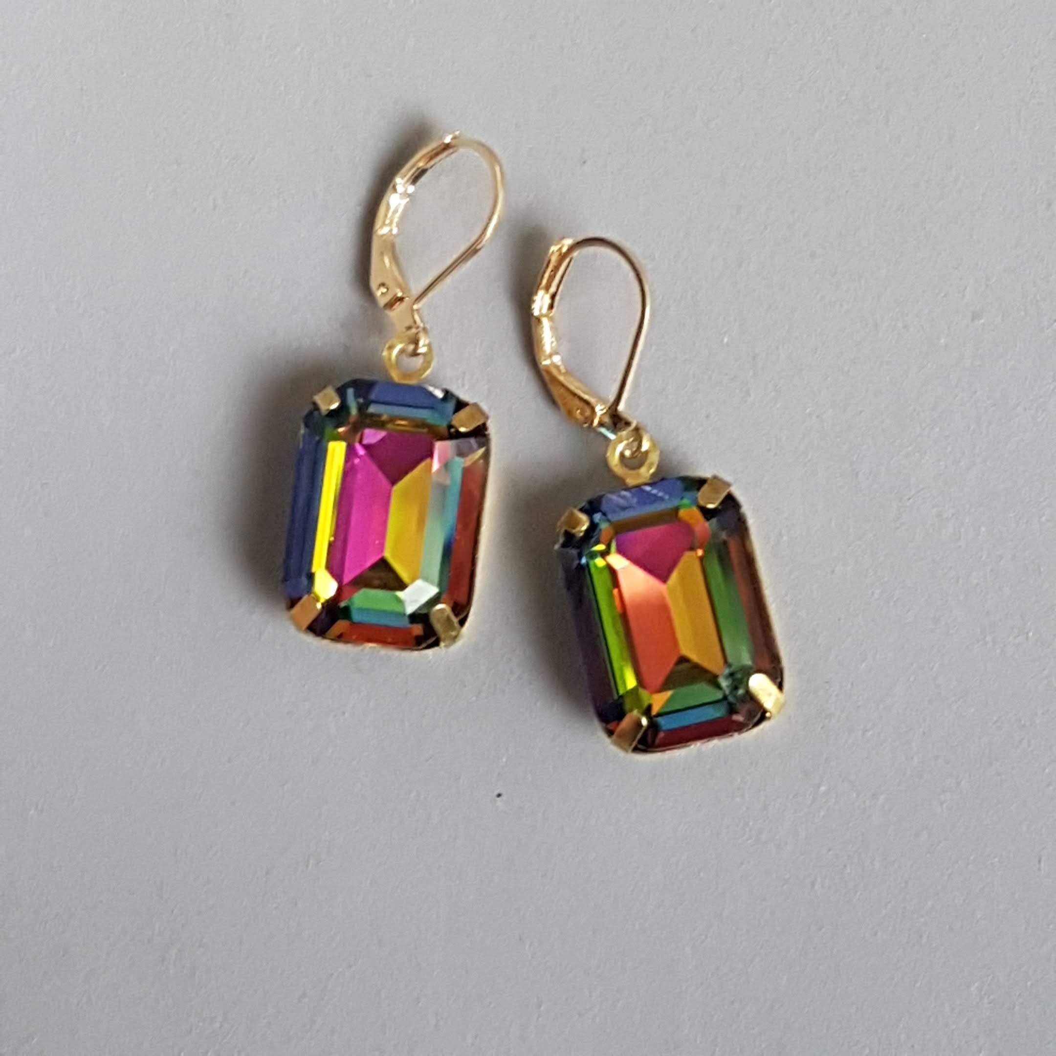 Swarovski Earrings Dangle Dark Rainbow Emerald Cut Vintage - Etsy UK