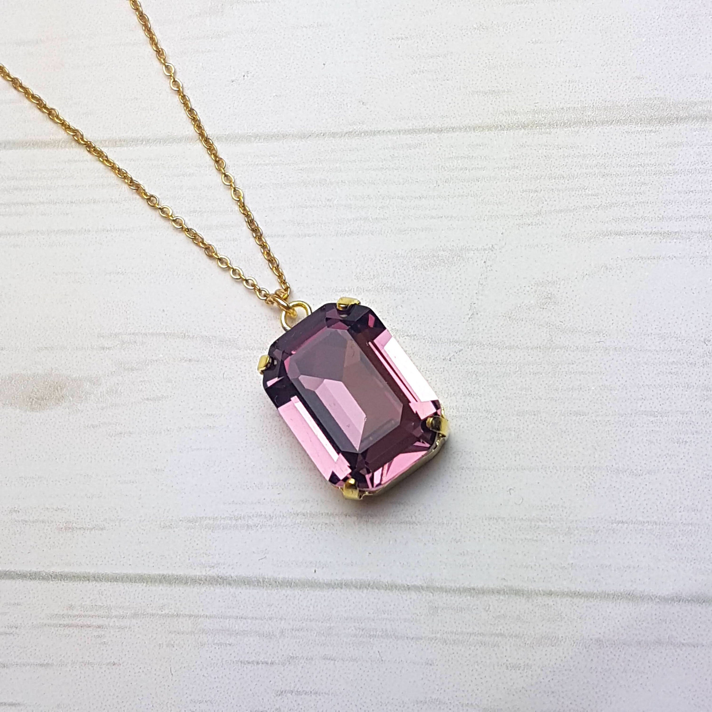 Light Amethyst Swarovski Necklace Pendant Purple Crystal Rectangular Pendant Emerald Cut Bridesmaid Bridal Jewellery Arionni Jewelry UK
