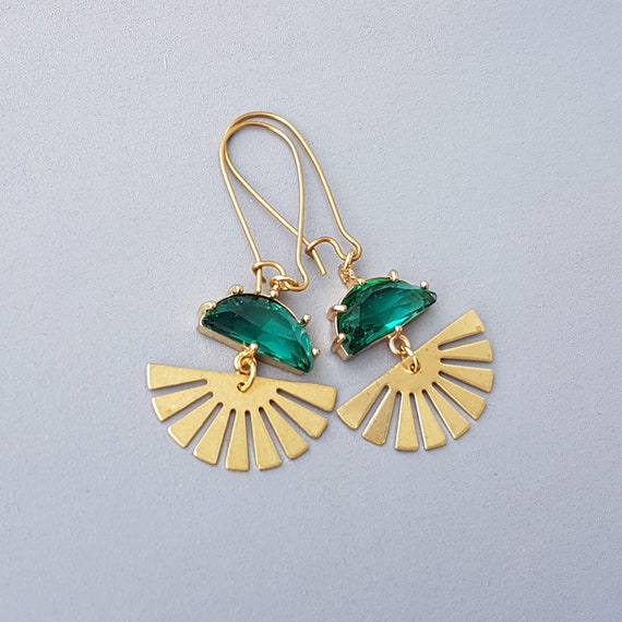 Emerald Green Art Deco Earrings Fan drop Dangles Half Sun - Etsy 日本