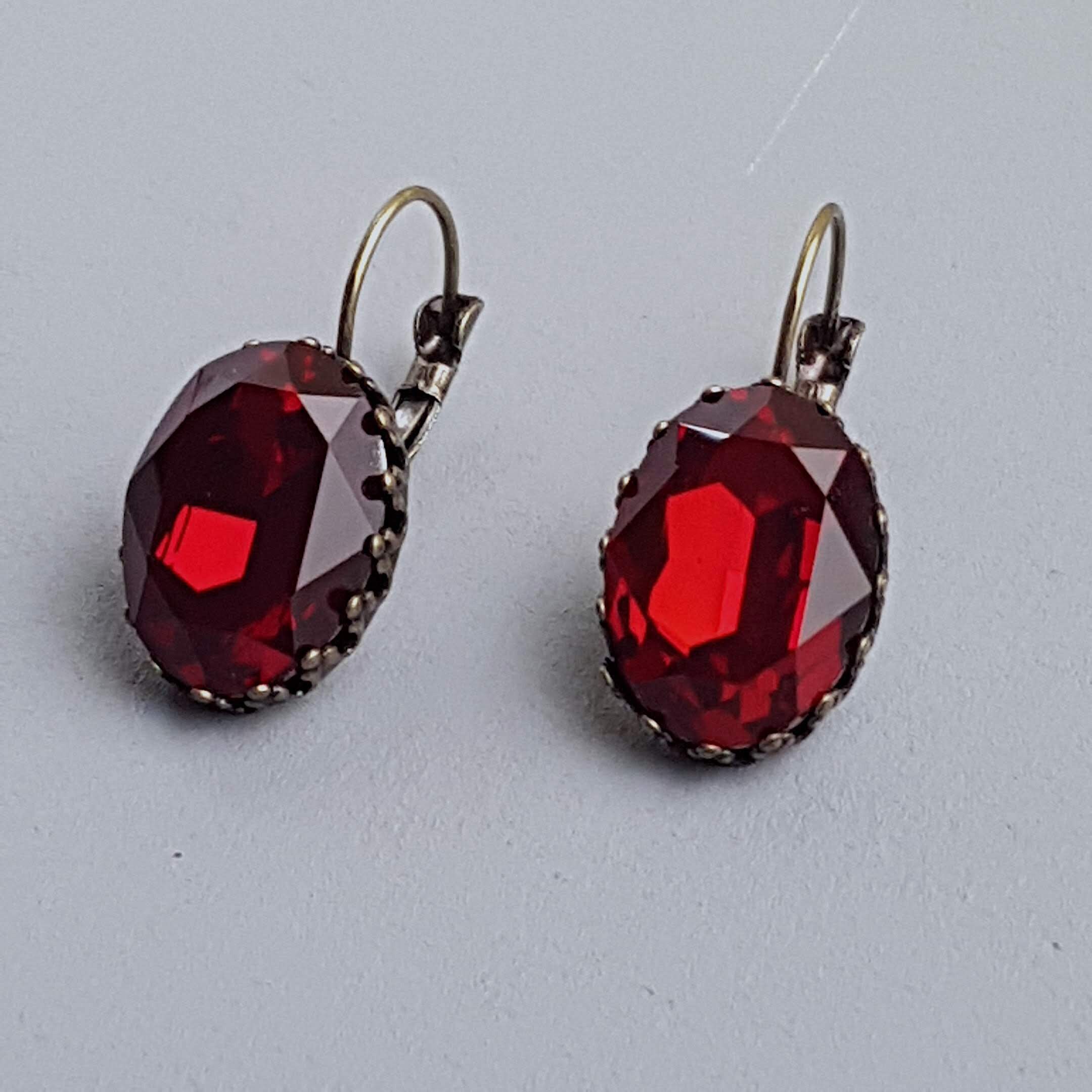 Deep Red Earrings Antique Brass Red Swarovski Ruby Red Glass | Etsy UK