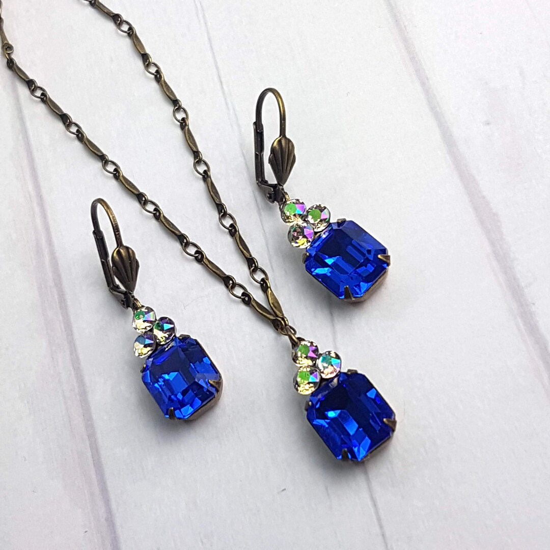 Vintage Jewelry Set Sapphire Blue Earrings and Necklace Etsy UK