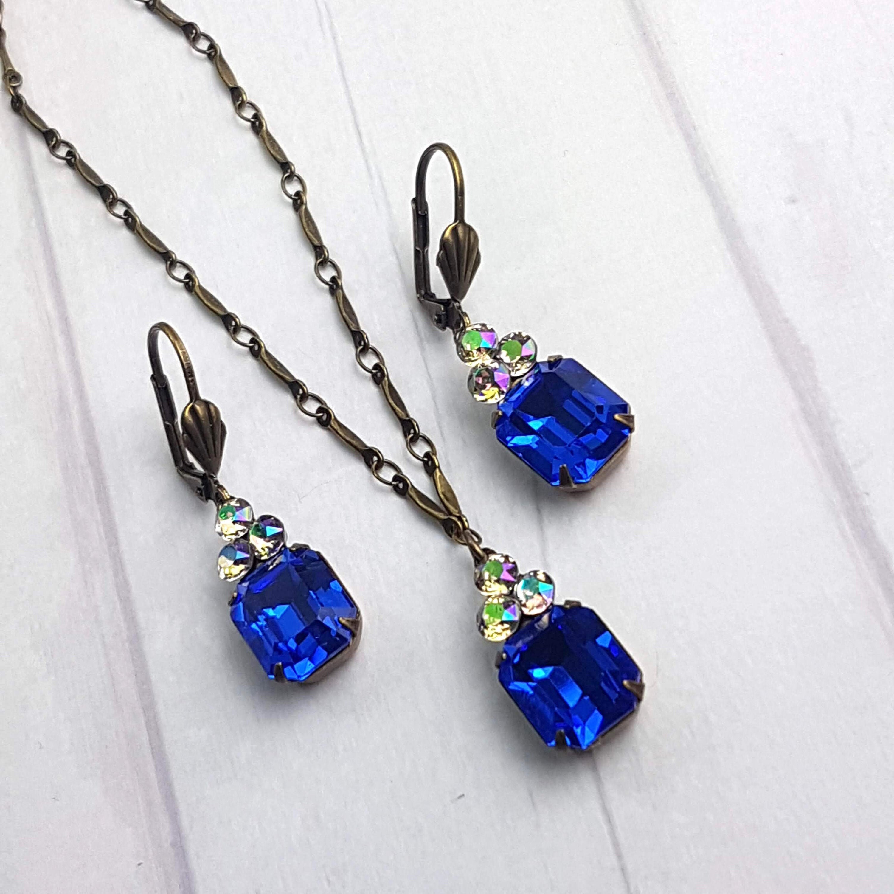 Vintage Jewelry Set Sapphire Blue Earrings and Necklace Etsy UK