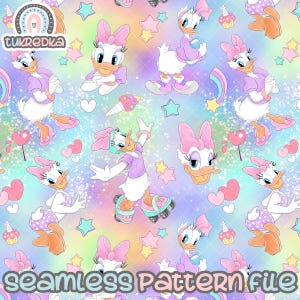 Sömlöst papper med söta tecknade bilder från Daisy – digitalt mönster med Musse Pigg och vänner för scrapbooking, klistermärken och pyssel