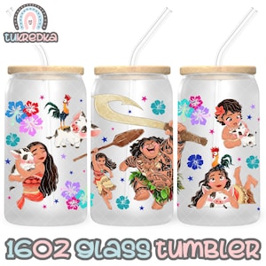 Princess Moana Maui Heihei Cup PNG File DIGITAL DOWNLOAD 16oz Glass Tumbler Design, 16oz Libby Cup Wrap