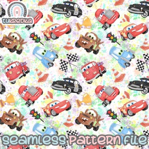 May include: Seamless pattern file with cartoon cars, traffic lights, checkered flags, and traffic cones on a white background with colourful paint splatters. The cars are in red, blue, brown, and black.