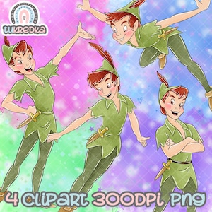 Può includere: Quattro illustrazioni digitali di Peter Pan, un personaggio immaginario del romanzo Peter Pan di J.M. Barrie. Le illustrazioni sono in stile cartone animato e mostrano Peter Pan in diverse pose. Lo sfondo è un rosa e un viola pastello delicati.