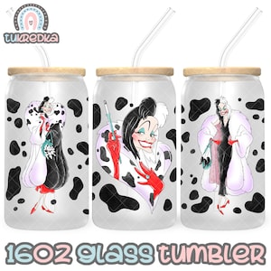 Archivo PNG de taza de Cruella de Vil de 101 dálmatas DESCARGA DIGITAL Diseño de vaso de vidrio de 16 oz, envoltura de taza Libby de 16 oz