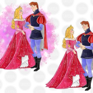 May include: A digital illustration of a prince and princess in a romantic embrace. The princess is wearing a pink gown with a sparkly bodice and a crown. The prince is wearing a blue and red suit with a cape. The background is a watercolor wash of pink and white.
