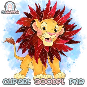 Puede incluir: Una ilustración de dibujos animados de un cachorro de león con una melena roja. El cachorro de león está de pie sobre un fondo de acuarela azul y blanco con estrellas. La imagen está etiquetada como "Clipart 300DPI PNG".