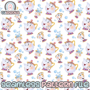Princess Mrs Teapots & Chip Clipart, Modello senza cuciture La Bella e la Bestia, Sfondo di carta digitale Scarica JPG
