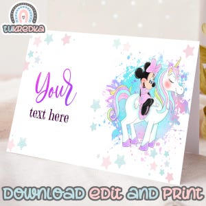 Birthday Editable Food Tags Buffet Label Tent Minnie Unicorn, Mickey Mouse and Friends Birthday Party Kids Carte Instant Download M001