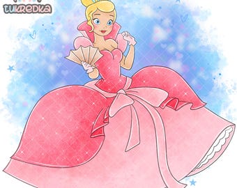 May include: A cartoon illustration of a princess in a pink ball gown with a white lace trim. She is holding a fan and has a crown on her head. The background is a light blue watercolor wash with stars and hearts.