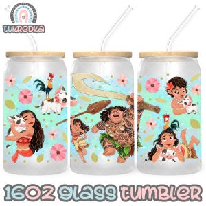 Principessa Moana Maui Heihei Cup PNG File DOWNLOAD DIGITALE Design del bicchiere in vetro da 16 once, involucro per tazza Libby da 16 once