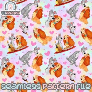 Könnte beinhalten: Ein nahtloses Muster mit einem Cartoon-Paar von Hunden, Lady und der Tramp, auf hellblauem Hintergrund mit rosa Herzen. Die Hunde sind in verschiedenen Posen dargestellt, darunter Küssen, Spaghetti essen und sich gegenseitig ansehen.