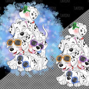 May include: A stack of four Dalmatian puppies wearing sunglasses. The puppies are wearing different coloured sunglasses, including green, orange, purple, and blue. The puppies are on a white background with a blue watercolour effect.