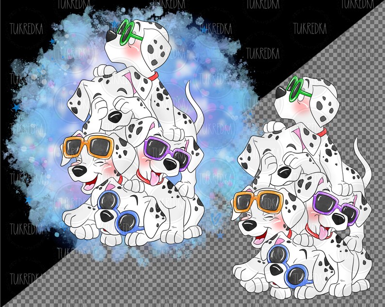 May include: A stack of four Dalmatian puppies wearing sunglasses. The puppies are wearing different coloured sunglasses, including green, orange, purple, and blue. The puppies are on a white background with a blue watercolour effect.