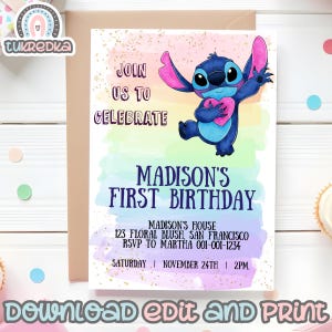 Birthday Invitation Editable Stitch Angel, Birthday Rainbow Party, Kids Carte Invite Instant Download STI01