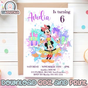 Birthday Invitation Editable Minnie Mickey Mouse Donald Daisy, Birthday Rainbow Party, Kids Carte Invite Instant Download M002