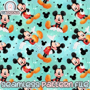 Op de afbeelding: Een naadloos patroon met Mickey Mouse op een turquoise achtergrond met witte sterren en zwarte Mickey Mouse oren.