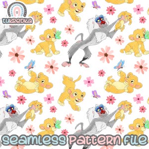May include: A seamless pattern featuring cartoon images of lion cubs, a baboon, butterflies, and pink flowers on a white background. The pattern is perfect for fabric, wallpaper, or other creative projects.