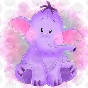 Puede incluir: Un elefante de dibujos animados morado con orejas rosas y una costura cosida en su trompa se sienta sobre un fondo de acuarela rosa y blanco.