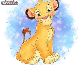 Puede incluir: Una ilustración de dibujos animados de un lindo cachorro de león amarillo sentado sobre un fondo de acuarela azul y rosa con estrellas y corazones. El cachorro de león tiene una cola marrón y mira al espectador.