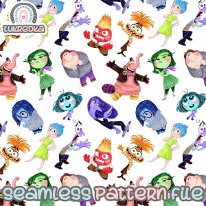 May include: Seamless pattern featuring cartoon characters in various poses and expressions. The characters are in different colors, including red, green, blue, and purple, set against a white background. The pattern includes the text "seamless Pattern file".