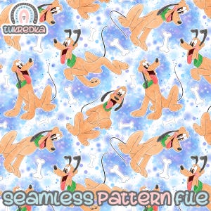 May include: A seamless pattern featuring a cartoon dog with a green collar and a long tongue. The dog is repeated on a white background with blue watercolour splatters and white bone shapes.