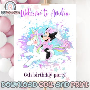 Birthday Welcome Sign Editable Minnie Unicorn, Mickey Mouse and Friends Birthday Rainbow Party, Kids Carte Instant Download M001